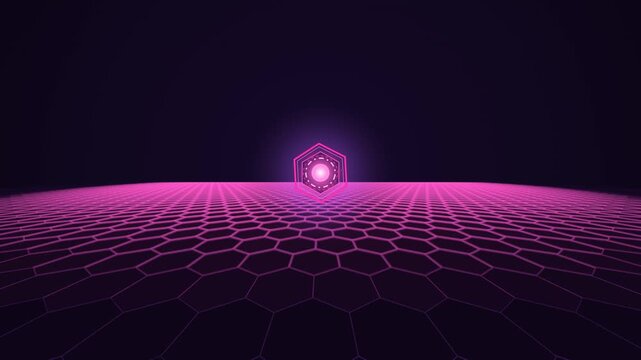A futuristic neon hexagonal digital network with a glowing central energy core, radial activation pulse, and connected modular cells. Perfect for AI, metaverse, blockchain, gaming technology, and digi