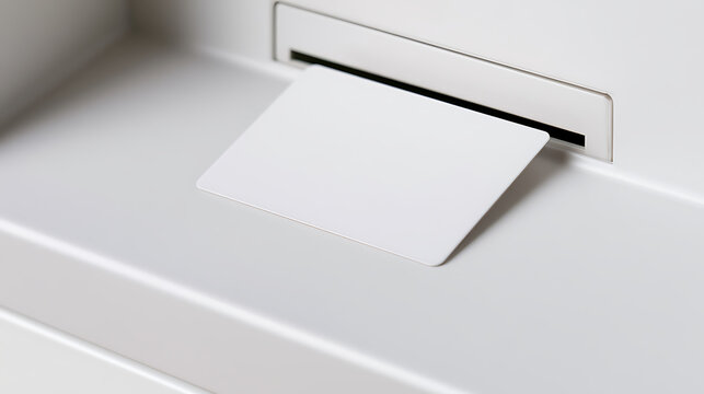 Blank white plastic card insert into a machine slot, mockup design for finance, banking, security access, and electronic transaction concept
