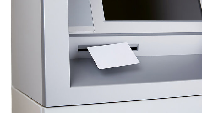Close up of a blank white payment card inserted into a modern automatic teller machine slot for financial transaction and cash withdrawal