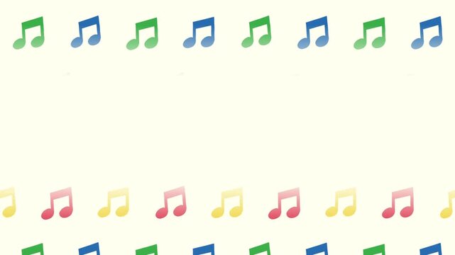 カラフルな音符が連なるリズムのループアニメーション背景
