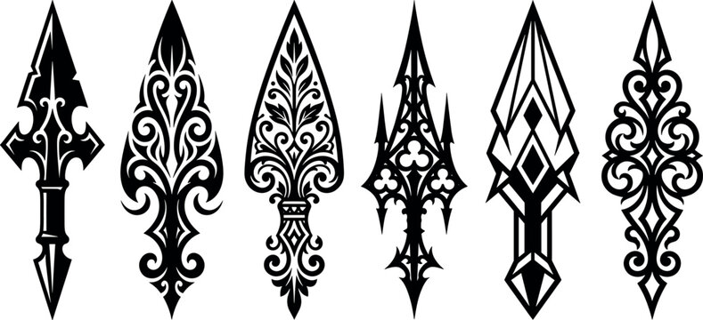 Ornate arrowhead spearhead vector set featuring black tribal filigree patterns gothic spikes and medieval lance weapon silhouette designs