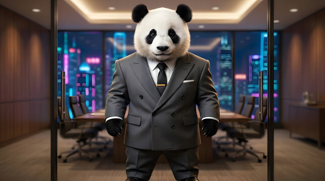 Anthropomorphic panda businessman wearing formal business suit standing proudly inside modern corporate office boardroom during evening hours with city skyline glowing outside glass windows