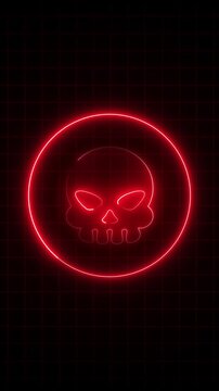 Neon skull icon animation glows in red on a dark grid Hazard alerts trigger on the red neon skull icon animation Cyber security warnings use this skull icon animation