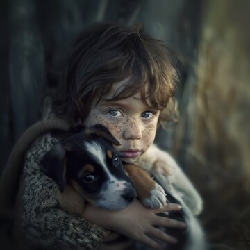 A freckled child tenderly hugs a small, adorable puppy, creating a heartwarming scene of friendship and love