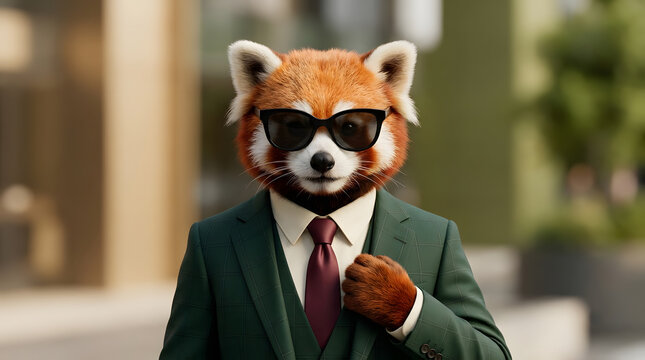 Sophisticated red panda wearing stylish sunglasses and a professional dark green suit with a maroon tie posing confidently outdoors during bright daylight