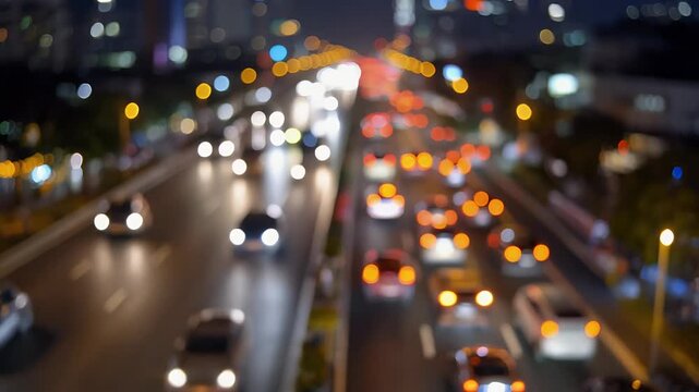 Blurred city traffic at night with bokeh lights.