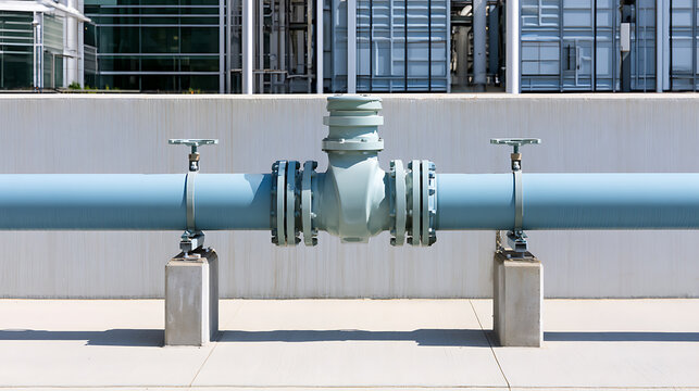 Industrial pipeline infrastructure with valves and flanges mounted on concrete supports outside a modern manufacturing facility building