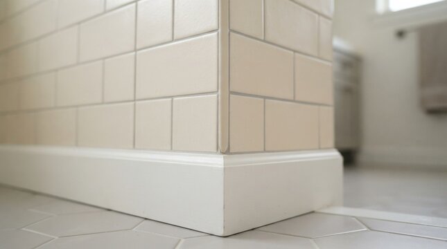 Precision tile corner meeting baseboard wall with even grout lines and miter cuts, showcasing skilled flooring installation craftsmanship.