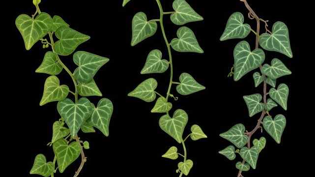 A detailed illustration of lush green ivy vines against a stark black background.