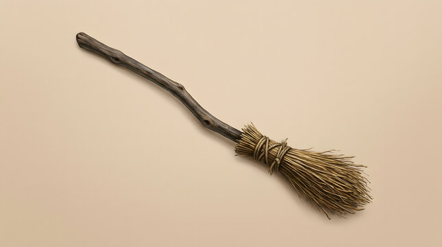 Old wooden broomstick with natural bristles tied with twine.