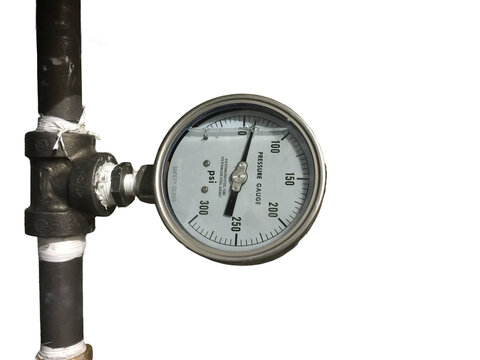 a pressure gauge on black steel treaded pipe Isolated on transparent background 