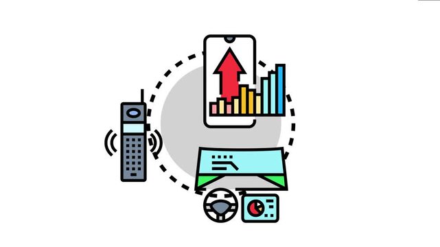 Mobile communication concept evolving technology from old cell phones to smartphones, featuring increasing network signal strength and in car digital integration