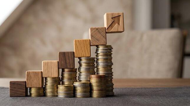 Growing stack of coins and wooden blocks
