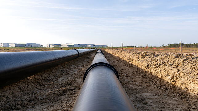 Industrial pipeline construction site featuring long black metal pipes laid in open trenches across a rural landscape under clear blue skies