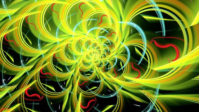 Neon light curved trails in dynamic motion on black background. Vibrant vortex energetic patterns evolving in synchrony. Vivid spiral journey in dark with swirls emerge. 4K UHD 4096x2304