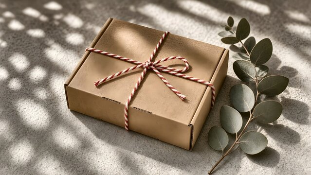 Craft cardboard gift box tied with red and white baker twine beside eucalyptus leaves on a textured surface with soft shadows