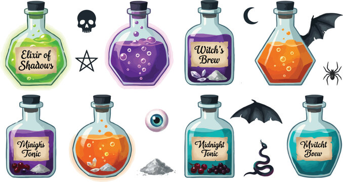 Colorful vector illustration collection featuring various magic potion bottles filled with glowing liquids labels crystals and eerie halloween symbols for fantasy graphic design projects