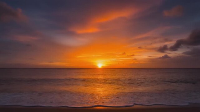Triptych of a vibrant sunset over a calm ocean, with fiery orange and pink clouds reflecting on the water.
