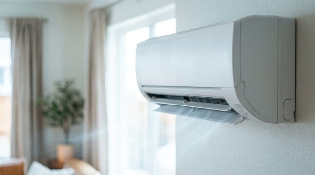 Modern ductless mini-split air handler mounted on a living room wall releasing cool airflow near a sunlit window