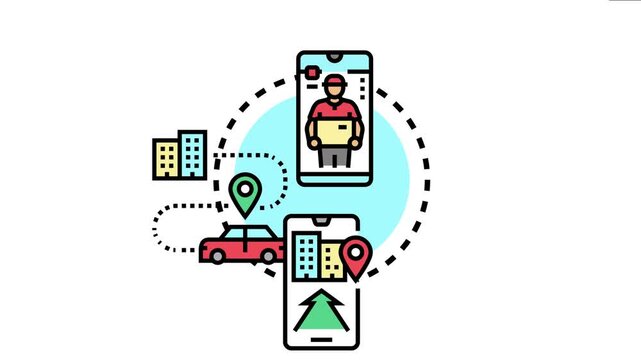 Mobile application displaying delivery courier tracking, delivery car navigation, and real time geolocation mapping providing efficient logistic service management