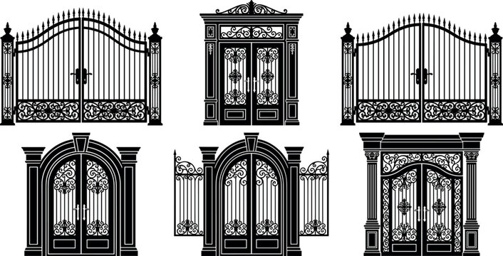Ornate wrought iron gate and door silhouettes collection featuring classic gothic entrances decorative metal fences and baroque archways