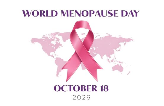 World menopause day concept with pink awareness ribbon and world map background