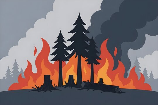 Wildfire burning pine trees with heavy black smoke in a damaged forest landscape.