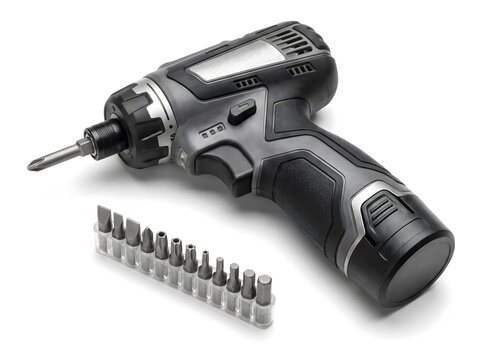 Cordless electric screwdriver tool lying next to a plastic set of interchangeable driver bits on white background.
