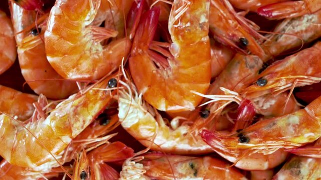 Fresh Cooked Whole Red Shrimps Close Up Top View Background