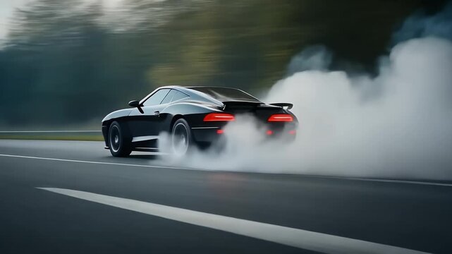 Sleek black sports car performs a dramatic drift, kicking up a cloud of smoke.