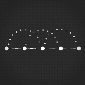 An infographic vector diagram showing the parabolic motion path or reflection path of an object over five base points or circles connected by curved dotted lines. Minimal illustration.