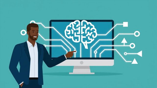 Businessman pointing at desktop computer with artificial intelligence neural network graphic concept