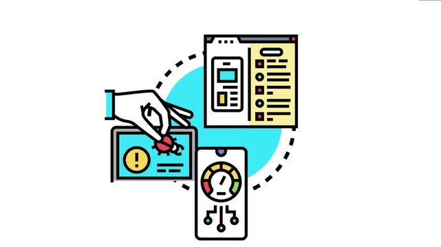 Hand identifying a digital bug on a mobile interface, the systematic process of finding weaknesses and evaluating security risks in software and mobile apps