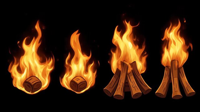 Set of cartoon-style campfire and bonfire illustrations on a black background.