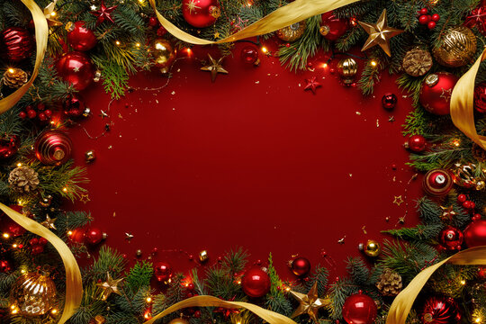 Christmas Festive Decoration Border​
Festive Christmas frame arranged with fir branches and shiny holiday ornaments