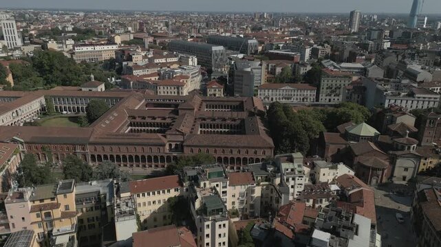 Europe, Italy, Milan - drone aerial view of University of Milan (Statale) on Via Festa del Perdono a masterpiece of Lombard Renaissance architecture 1456 Francesco Sforza and  Bianca Maria Visconti
