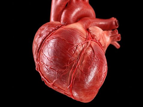 Anatomically accurate human heart model showcasing detailed arteries and veins, emphasizing the aorta, pulmonary arteries, and vena cava against a black background