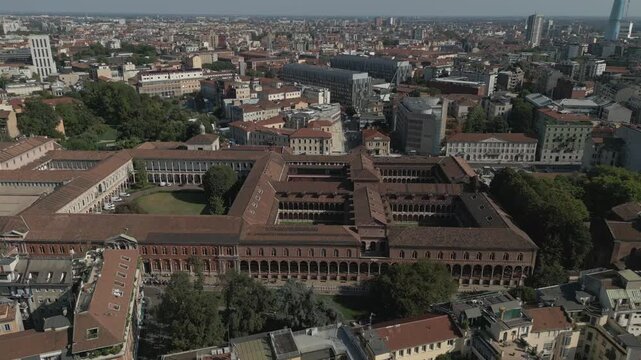 Europe, Italy, Milan - drone aerial view of University of Milan (Statale) on Via Festa del Perdono a masterpiece of Lombard Renaissance architecture 1456 Francesco Sforza and  Bianca Maria Visconti
