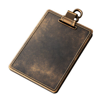 The image features a rectangular metal ID badge holder with a vintage, distressed finish, giving it an aged appearance