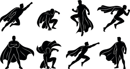Obraz premium Superhero action pose silhouette vector set featuring black comic book heroes flying running crouching and standing with capes