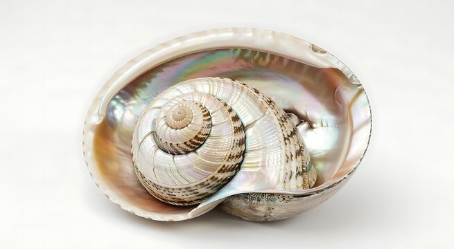 Spiral seashell nestled inside a shimmering abalone shell bowl.
