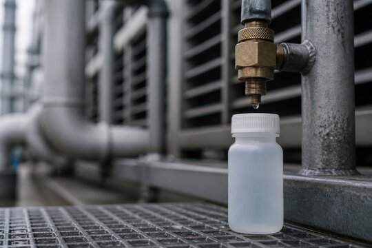 Cooling tower legionella testing bottle beneath a closed brass sampling valve