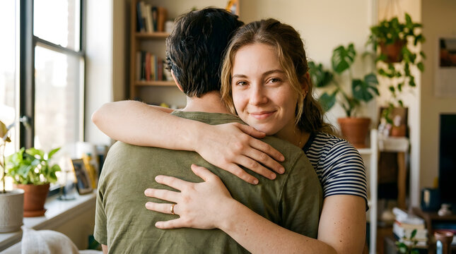An Intimate Embrace: A woman tenderly embraces her partner, her eyes sparkling with affection as she looks towards the camera, surrounded by the warmth of their shared living space.