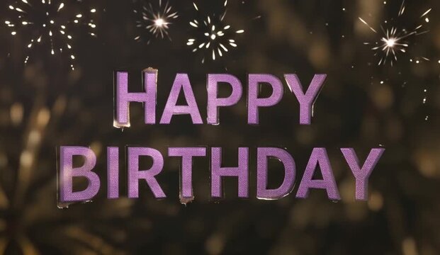 Festive motion graphic featuring the words &ldquo;HAPPY BIRTHDAY&rdquo; in elegant, highly readable 3D purple glittering letters centered against a deep pure-black background