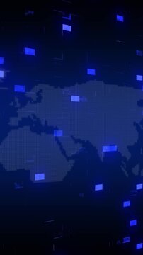 Pixel world map animation displays blue network nodes Data infrastructure routes on the pixel world map animation Network tracking links to this map animation