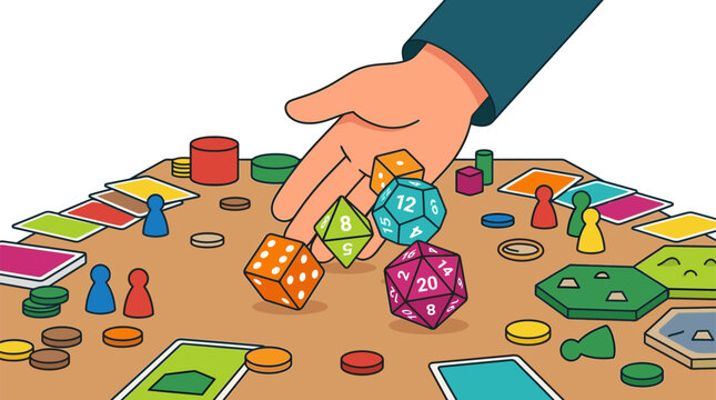 Hand dropping dice on a board game table