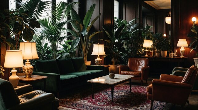 Vintage boutique hotel lobby features retro furniture, large indoor plants. Green velvet sofa, leather armchairs, marble coffee table sit on patterned rug. Dim warm lighting from table lamps creates