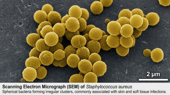 Golden coccal aggregation: Staphylococcus bacterium, aureus strain, spherical morphology, microscope view, cluster growth, pathogen agent, infection risk, disease study.