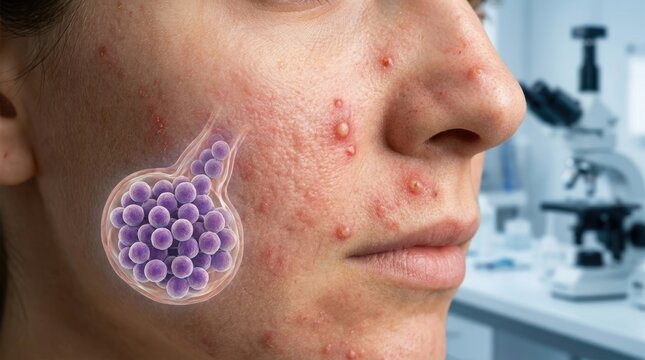 Bacterial infection manifestation: Staphylococcus pathogen, human skin, disease concept, cellular invasion, microscopic view, facial problem, health issue, organism proliferate.