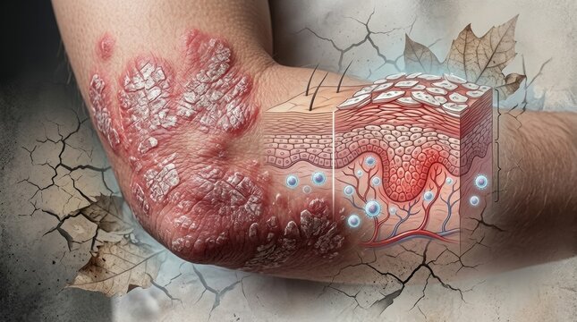 Chronic skin pathology: psoriasis plaque, elbow joint, dermal diagram, epidermal layer, cell mutation, dry crack, tissue anatomy, medical education, health condition, immune system.